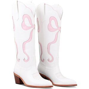 Women Light Pink Floral Faux Leather Western Cowboy Boot Chunky Heel Comfortable